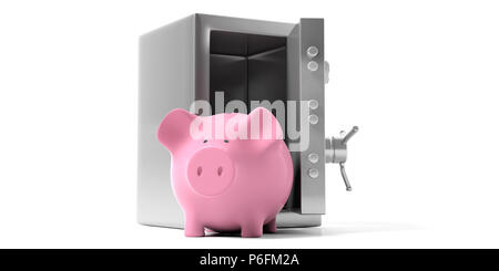 Einsparungen Konzept. Piggy Bank in einem Tresor mit offener Tür auf einem weißen Hintergrund. 3D-Darstellung. Stockfoto