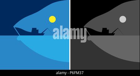 Das Meer, die Silhouette eines Fischerboot und Fische, Mond frischen Fisch minimalistischen Logo Stock Vektor