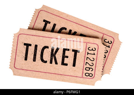 Zwei alte Kinokarten isoliert auf einem weißen Hintergrund. Stockfoto