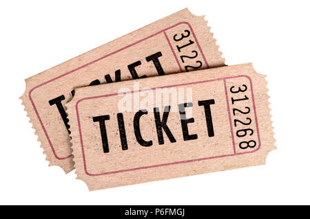 Zwei alte Kinokarten isoliert auf einem weißen Hintergrund. Stockfoto