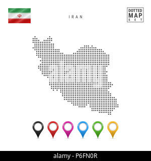 Gepunktete Karte von Iran. Einfache Silhouette des Iran. Die Flagge des Iran. Eingestellt von bunten Karte Markierungen. Abbildung isoliert auf weißem Hintergrund. Stockfoto