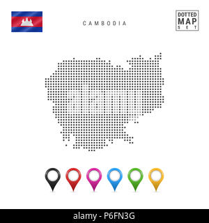 Gepunktete Karte von Kambodscha. Einfache Silhouette von Kambodscha. Die Nationalflagge von Kambodscha. Eingestellt von bunten Karte Markierungen. Abbildung isoliert auf weißem Stockfoto
