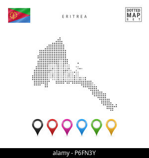 Gepunktete Karte von Eritrea. Einfache Silhouette von Eritrea. Die Nationalflagge von Eritrea. Eingestellt von bunten Karte Markierungen. Abbildung isoliert auf weißem Bac Stockfoto