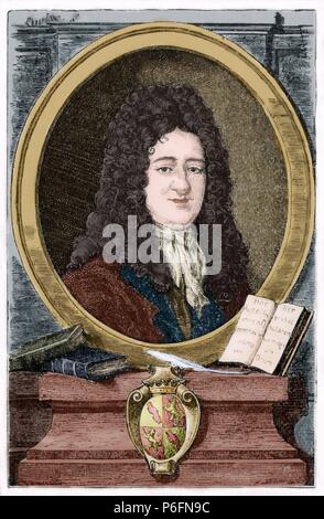 Gottfried Wilhelm Leibniz (1646-1716). Deutsche Mathematiker und Philosoph. Gravur in der allgemeinen Geschichte, M. Verges, 1917. Gefärbt. Stockfoto