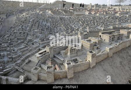 Modell der Stadt Jerusalem und der so genannten zweiten Tempels 70 n. Chr. von den Römern zerstört. Israel. Skalieren Sie, 01:50. Stockfoto