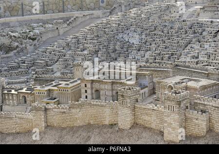 Modell der Stadt Jerusalem und der so genannten zweiten Tempels 70 n. Chr. von den Römern zerstört. Israel. Skalieren Sie, 01:50. Stockfoto