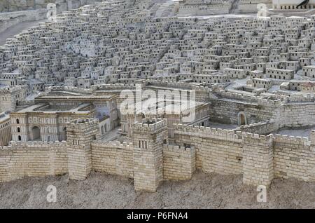 Modell der Stadt Jerusalem und der so genannten zweiten Tempels 70 n. Chr. von den Römern zerstört. Israel. Skalieren Sie, 01:50. Stockfoto