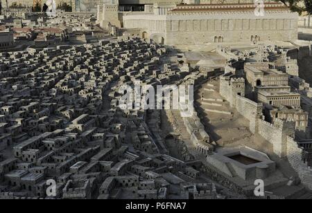 Modell der Stadt Jerusalem und der so genannten zweiten Tempels 70 n. Chr. von den Römern zerstört. Israel. Skalieren Sie, 01:50. Stockfoto