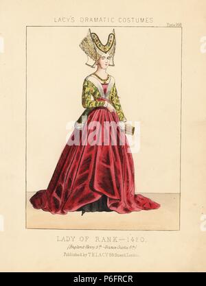 Dame von Rang, Herrschaft von Henry V, England, 1420. Papierkörbe Lithographie von Thomas Hailes Lacy's 'weibliche Kostüme historischen, nationalen und Dramatische in 200 Platten", London, 1865. Lacy (1809-1873) war ein britischer Schauspieler, Dramatiker, theatralischen Manager und Verleger. Stockfoto