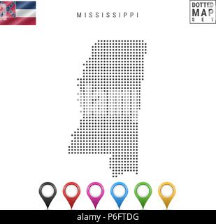 Dots Muster vektorkarte von Mississippi. Stilisierte Silhouette des Mississippi. Flagge von Mississippi. Karte Marker einstellen Stock Vektor