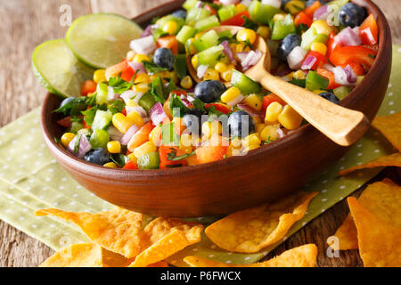 Salsa aus Mais, Blaubeeren, jalapeno Pfeffer, Paprika und Zwiebeln in eine große Schüssel geben und nachos Chips auf dem Tisch. Horizontale Stockfoto
