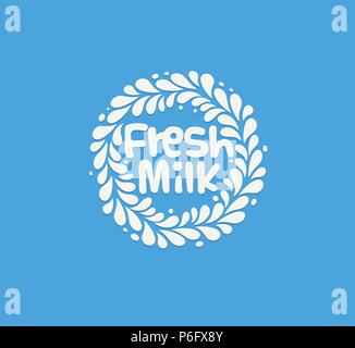 Frische Milch Emblem. Weißer Milch Tropfen gespritzt, um den Kreis mit Text auf blauem Hintergrund. Moderne fun Style Logo Vorlage. Stock Vektor