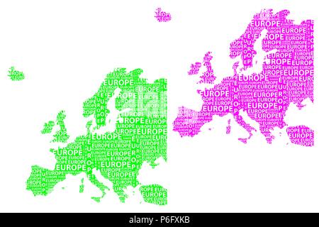 Skizze Europa schreiben Text Kontinent, Europa Wort - in der Form des Kontinents, Karte von Kontinent Europa - grün und lila Vector Illustration Stock Vektor