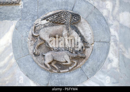 Relief Panel der byzantinischen Ursprungs, die eine mythische Griffon angreifen ein Lamm. An der Wand der Basilika St. Mark's, Piazza San Marco, Venedig, Ital Stockfoto