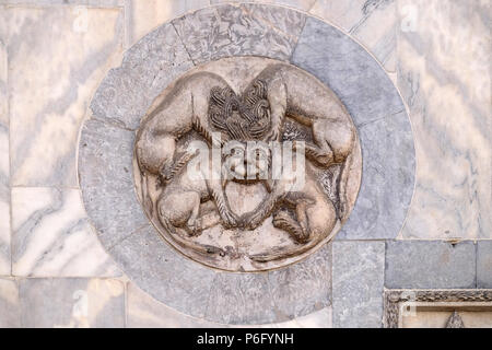 Byzantinische Fabelwesen mit vier Einrichtungen in einem einzigen Kopf, in Marmor ausgeführt, an der Wand der Basilika St Mark's, Piazza San Marco, Venedig Stockfoto