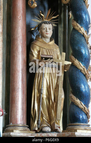 Der hl. Bonaventura, Statue auf dem Altar der Heiligen Cyrill und Methodius in der Kirche der Geburt der Jungfrau Maria in Svetice, Kroatien Stockfoto