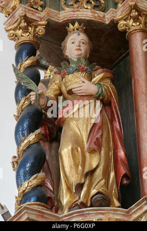 Saint Rosalia, Statue auf dem Altar der Heiligen Cyrill und Methodius in der Kirche der Geburt der Jungfrau Maria in Svetice, Kroatien Stockfoto