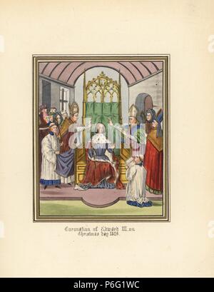 Die Krönung von König Edward III am Weihnachtstag 1326 in Westminster Palace. Papierkörbe Lithografie nach einem beleuchteten Manuskript von Sir John's Froissart 'Chroniken von England, Frankreich, Spanien und den angrenzenden Ländern, von der zweiten Hälfte der Regierungszeit von Edward II. an der Krönung von Heinrich IV., 'George Routledge, London, 1868. Stockfoto