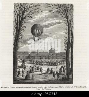 Erste bemannte Flug in einem Wasserstoff gasballon von Professor Jacques Charles und die Brüder Robert, Anne-Jean und Nicolas-Louis, von den Tuilerien, Dezember 1783. Holzschnitt Kupferstich von Louis Figuier's 'Les merveilles de la Science: Aerostats" (Wunder der Wissenschaft: Luftballons), Furne, Jouvet et Cie, Paris, 1868. Stockfoto