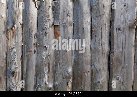 Im Stil einer rustikalen aus alten unbemalt vertikalen Bretter mit Knoten und die Exfoliated Rinde Hintergrund Stockfoto