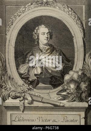 Louis XV von Frankreich (1710 – 1774). Louis der Geliebten. König von Frankreich und Navarra. Kupferstich von Triebmann. Historia Universal, 1885. Stockfoto