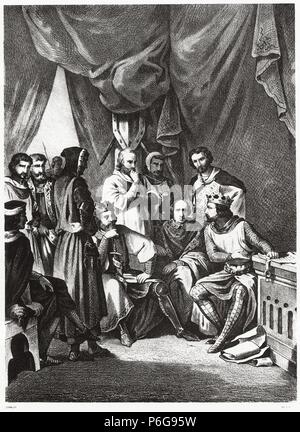 Historia de España. Firma del Pardo de Valdevez para la independencia de Portugal entre El Emperador Alfonso VII y su primo Alfonso Enriquez, Primer rey de Portugal, En 1141. Grabado de 1872. Stockfoto