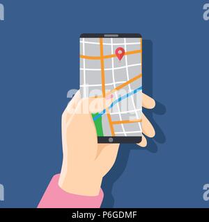 Business woman holding Handy mit Karte und GPS-Navigation für Tracking Konzept. für Websites, Banner. Lage Anschluss app auf Touchscreen smartp Stock Vektor