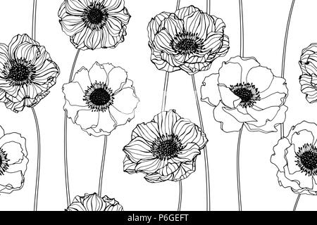 Nahtlose Anemone blumen muster Hintergrund. Schwarz und Weiß mit Zeichnung line Art Illustration. Stock Vektor