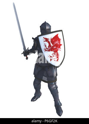 Mittelalterliche Ritter mit Red Dragon Shield Stockfoto