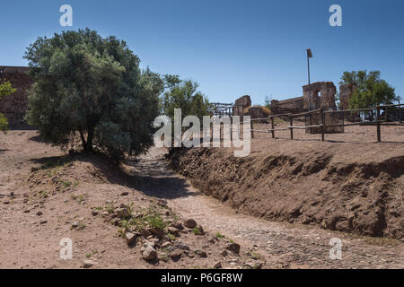 Gepflasterten Pfad, durch Bäume an der Ruine der Burg Castro Marim, Algarve, Portugal gesäumt. Strahlend blauen Himmel. Stockfoto