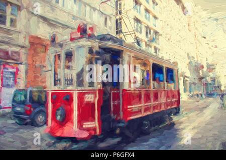 Digitale Kunst Malerei eines original Foto von einer nostalgischen Straßenbahn in Taksim Istiklal Straße in Istanbul. Dieses Öl malerei Leinwand Effekt erzeugt ein Wunder Stockfoto