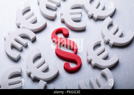 Hohe Betrachtungswinkel der Roten Absatz Symbol durch Währung Euro Zeichen umgeben Stockfoto