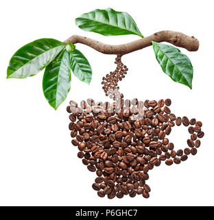 Geröstete Kaffeebohnen in der Form von Kaffee Tasse hängen vom Kaffee. Konzeptionelle Foto. Stockfoto