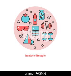 Gesunder Lebensstil, Sport, gesunde Ernährung, Schlaf, Gesundheit Symbole Vector Illustration Stock Vektor