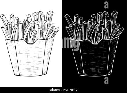 Pommes frites in einem Pappbecher. Hand Skizze gezeichnet Stock Vektor