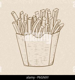 Pommes frites in einem Pappbecher. Hand gezeichnete Skizze auf beigen Hintergrund Stock Vektor