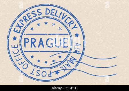 Runde blaue Poststempel Prag, Tschechische Republik auf beigen Hintergrund Stock Vektor
