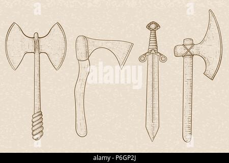 Alte Waffen - Achsen und Schwert. Hand gezeichnete Skizze auf beigen Hintergrund Stock Vektor