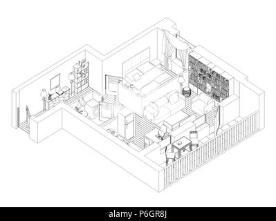 Strichzeichnung apartment Grundriss auf weißem Hintergrund Stockfoto