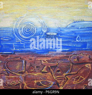 Farbenfrohe abstrakte Acrylmalerei in Gelb, geblasen, und blauen Farbtönen. Leinwand. Inneneinrichtung. Grunge Hintergrund. Stockfoto