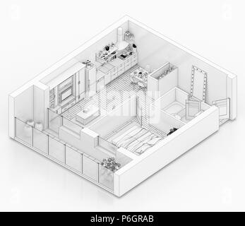 Zeichnung Grundriss auf einem weißen Hintergrund, Mock up von möblierten Startseite Ferienwohnung Stockfoto