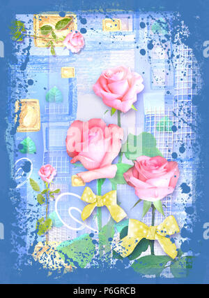 Blue collage Postkarte Blume. Schöne Illustration mit Rosen und Schleifen auf die abstrakten blauen Hintergrund. Kann als Grußkarte verwendet werden, Einladung für Stockfoto