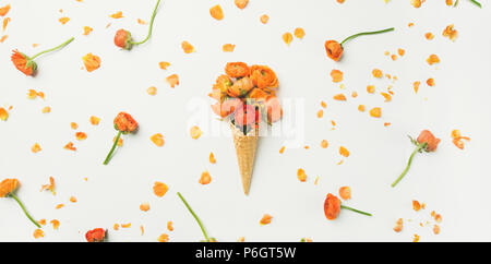 Waffel Kegel mit orange buttercup Blumen auf weißem Hintergrund Stockfoto