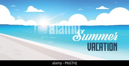 Sunrise Beach view Sommer Urlaub am Meer Meer Ozean flach Banner Beschriftung Stock Vektor