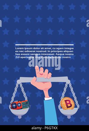 Die menschliche Hand, die Waage balance schwierige Wahl zwischen bitcoin Grafikkarte mining Konzept kopieren Raum Stock Vektor