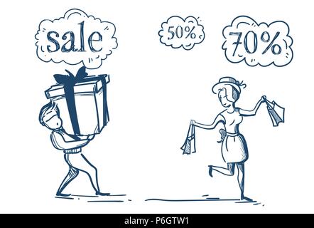 Frau Mann Paar mit Käufen shopping Verkauf Konzept Rabatt Preis bubble auf weißem Hintergrund Skizze doodle Chat Stock Vektor