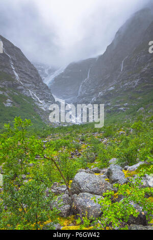 Gletscher Kjenndalsbreen im Tal Loendal, Loen, Norwegen, Gletscherzunge und Wasserfall im Nebel Stockfoto