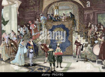 Hochzeit von Prinzessin Borghese in Rom. 18. Jahrhundert. Gravur in der spanischen und amerikanischen Abbildung, 1889. Farbige. Stockfoto