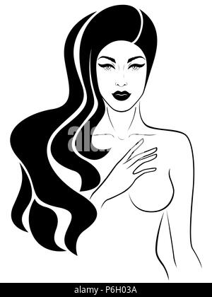 Schöne und traurige Frau mit luxuriösen Haar hält ihre Hand auf ihre Brust, hand Vektor-zeichnung als Erlösung weibliche Gesundheit Stock Vektor