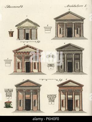 Klassische Architektur Bestellungen: Original 1, Toskanisches 2, 3 Dorischen, Ionischen 4, Korinther 5 und Römischen oder Composite 6. Papierkörbe Kupferstich von Johann Friedrich Bertuch's Bilderbuch pelz Kinder (Bilderbuch für Kinder), Weimar, 1792. Stockfoto